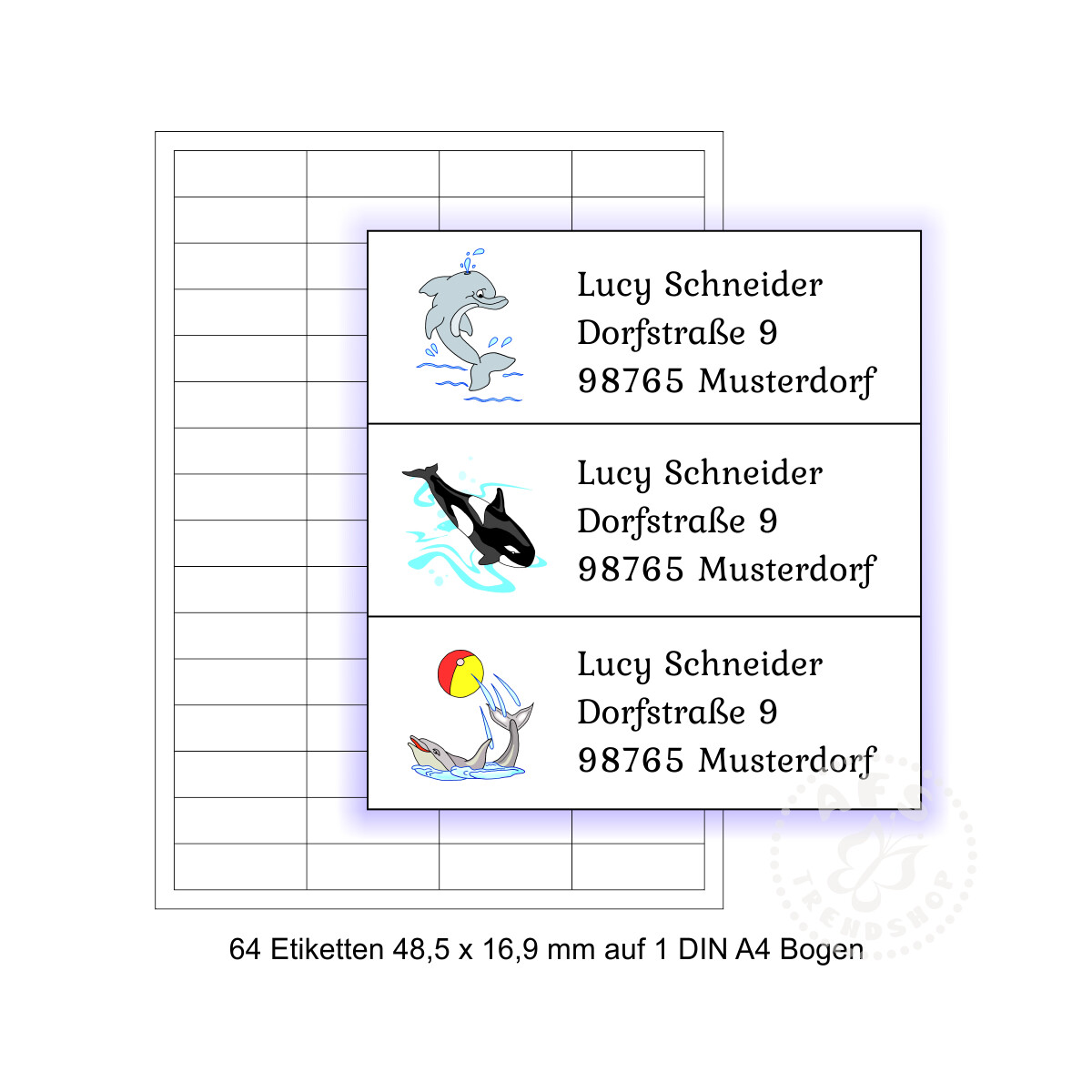 64 Adressaufkleber 48,5 x 16,9 mm Motiv Delfin